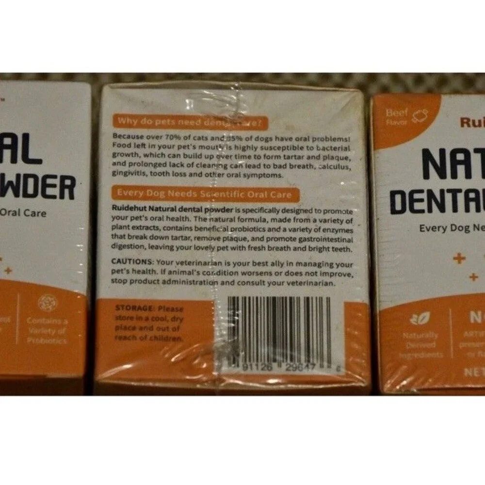 Ruidhut Natural Dental Powder for Dogs Beef Flavor 3-Pack Tartar Plaque Breath